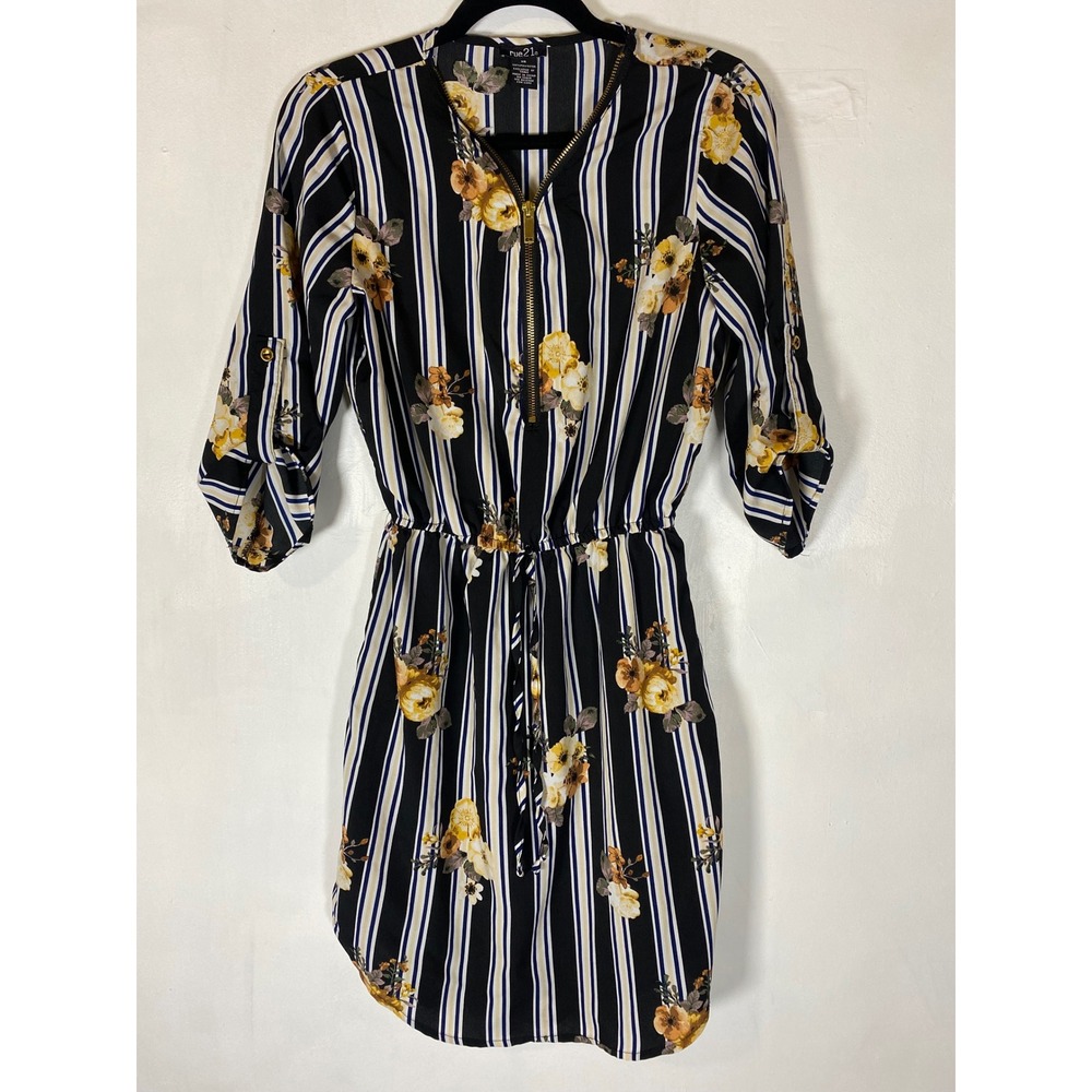 Rue21 XS Floral‎ Striped Zip Front Mini Dress Roll Tab Sleeves Tie Waist